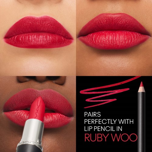 Three close-up images of lips with red lipstick, showing different angles and application. There is also a lip pencil with the text about Ruby Woo.