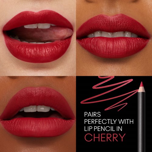 Close-up of lips showing different red lipstick styles, with a lip pencil and text about cherry-colored lip makeup.