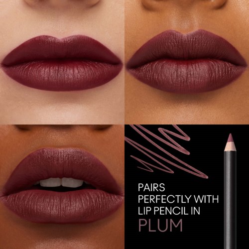 Close-up of lips with plum-colored lipstick and a lip pencil in the same shade. A promotional graphic for lipstick matching pencil.