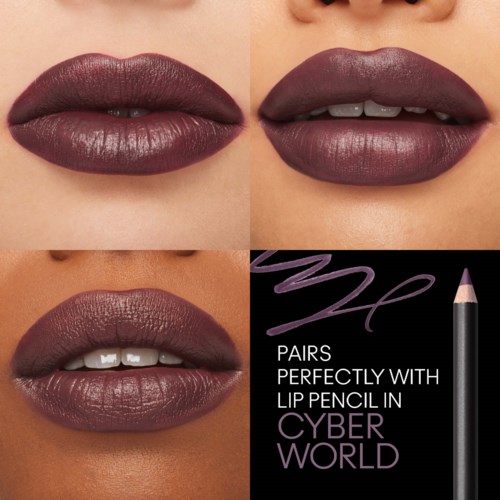 Three close-up views of lips with dark lipstick, showing different expressions. A lipstick pencil and branding are also visible.