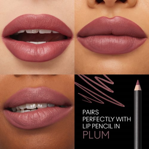 Four images show lips with different lipstick shades. The bottom right is a lip pencil labeled "PLUM."