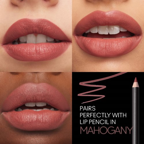 Close-up of lips showing different makeup styles and lip pencil branding with text about lip pencil matching.