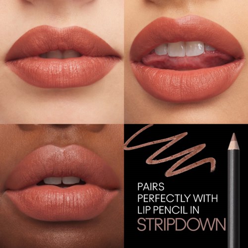 Lip makeup and a lip pencil shown, demonstrating perfect pairing with Stripdown shade.