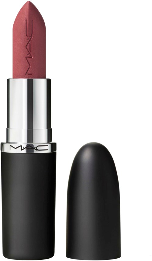 A lipstick with a dark casing, showing the brand MAC and a mauve lipstick color. The cap is removed.