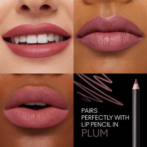 Four images show lips in different styles and a lip pencil with text about pairing with plum color.
