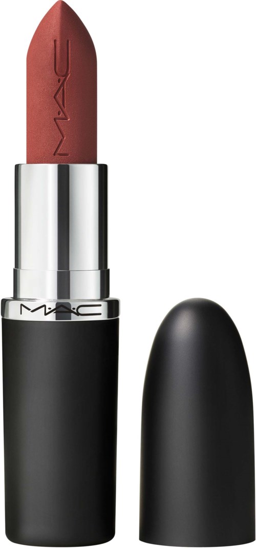 A lipstick with a reddish-brown color in a black and silver case, with the cap removed.
