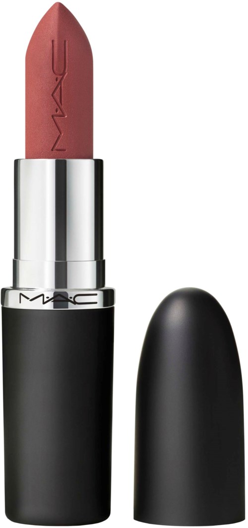 A lipstick with a black cap and silver band, the lipstick is a soft pink shade. The brand name MAC is on the band.