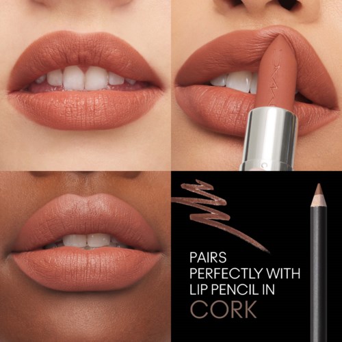Lipstick applied on lips, showing different angles. Lip pencil and swatch are also visible. The product matches lip color.