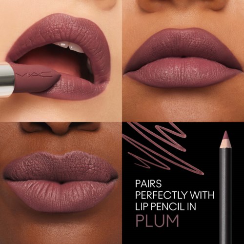 Three women show off different shades of matching plum lipstick in a collage, with a lip pencil product in the corner.