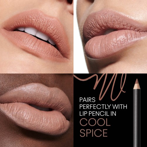 Close-up of lips in three different shades, with a lip pencil and text about lip color matching.