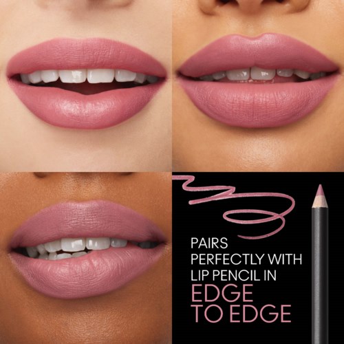 Multiple images show lips with pink lipstick, some slightly opened or closed, alongside a lip pencil and text about lip lining.