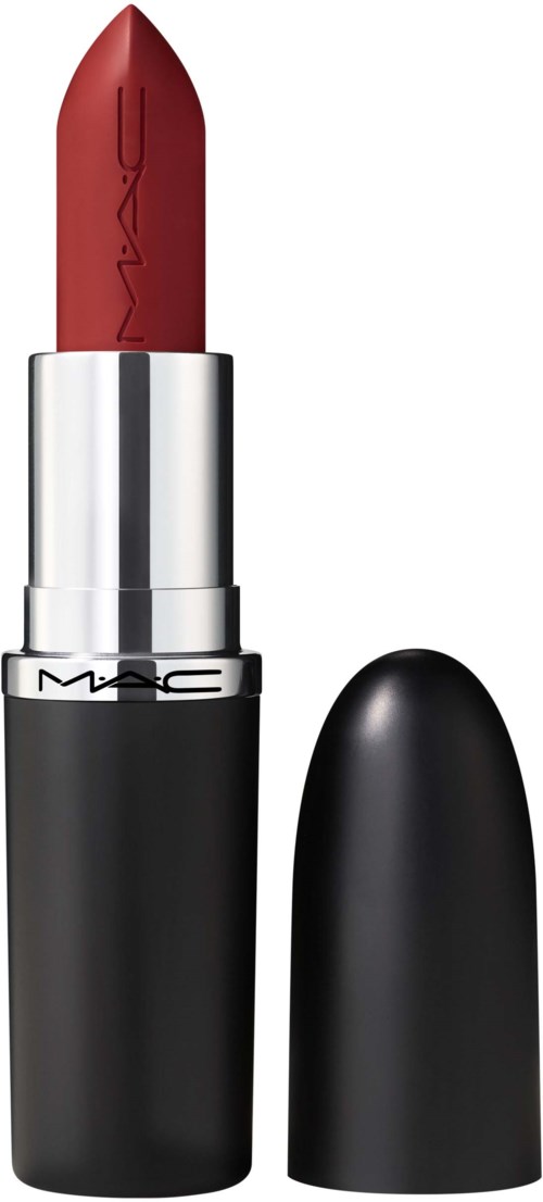 A red lipstick with a silver and black case, with the cap placed beside it.