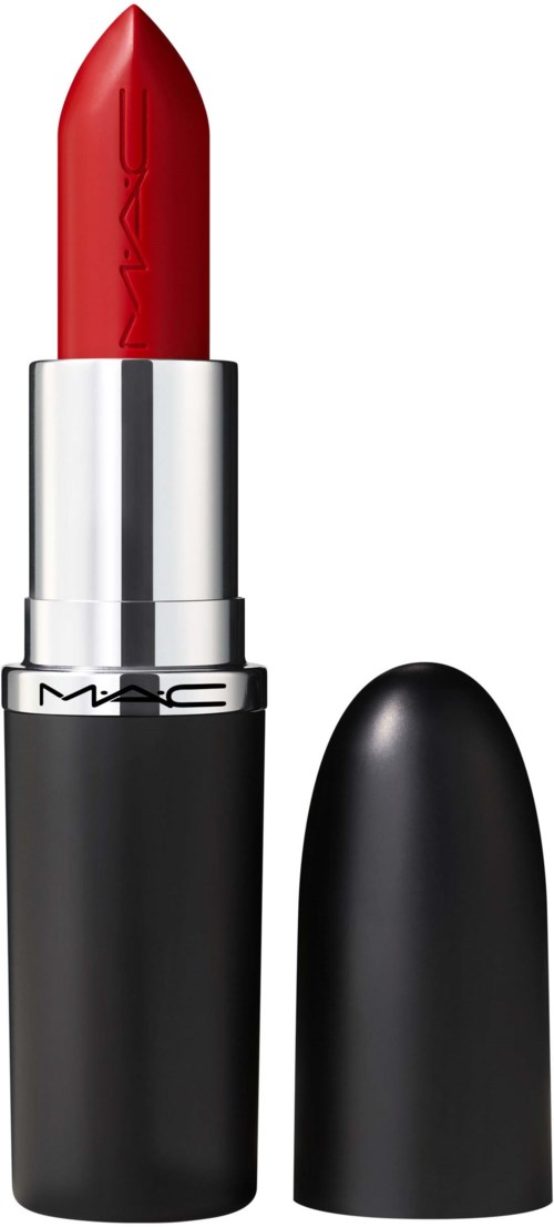 A red lipstick with a silver and black casing, the cap is removed and placed beside it.