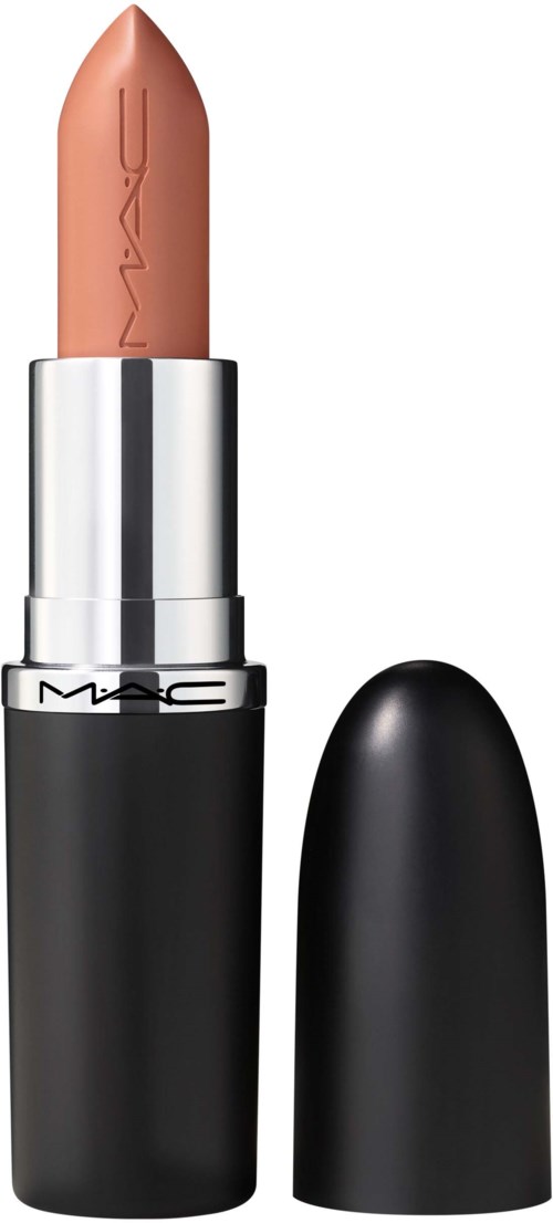 This is a lipstick with a black case and a beige lipstick inside. The cap is off and placed beside it.