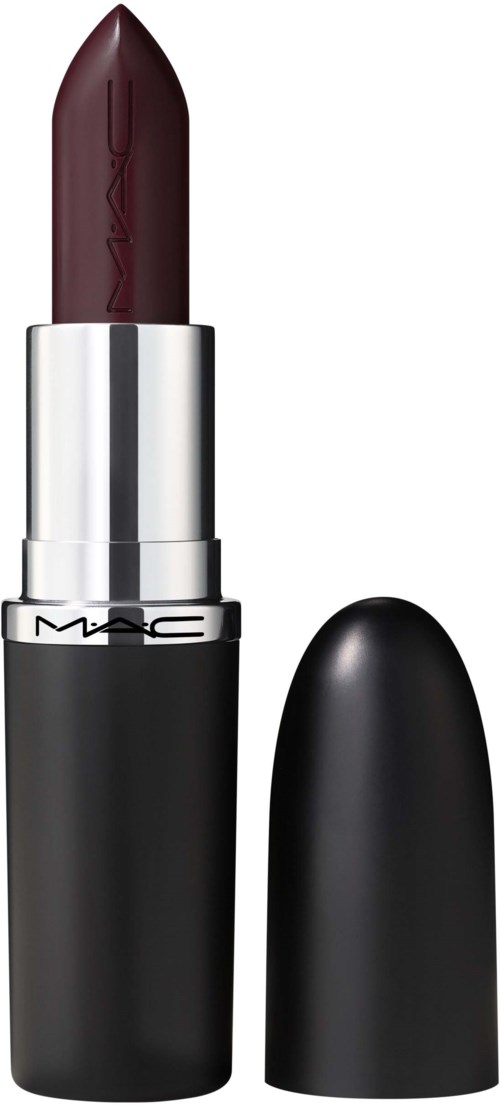A dark red lipstick in a black and silver tube, with the cap placed beside it.