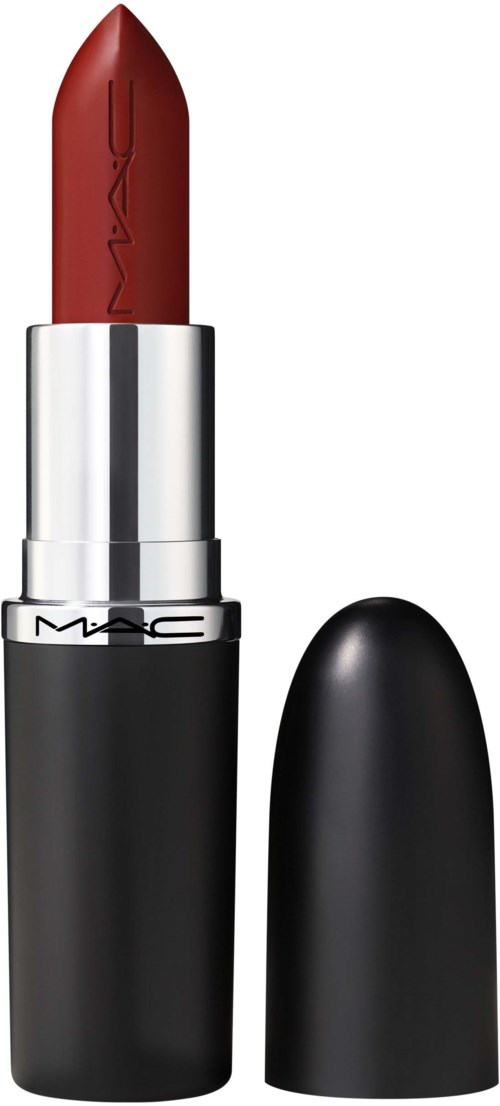 A red lipstick in a black and silver case with the cap removed.