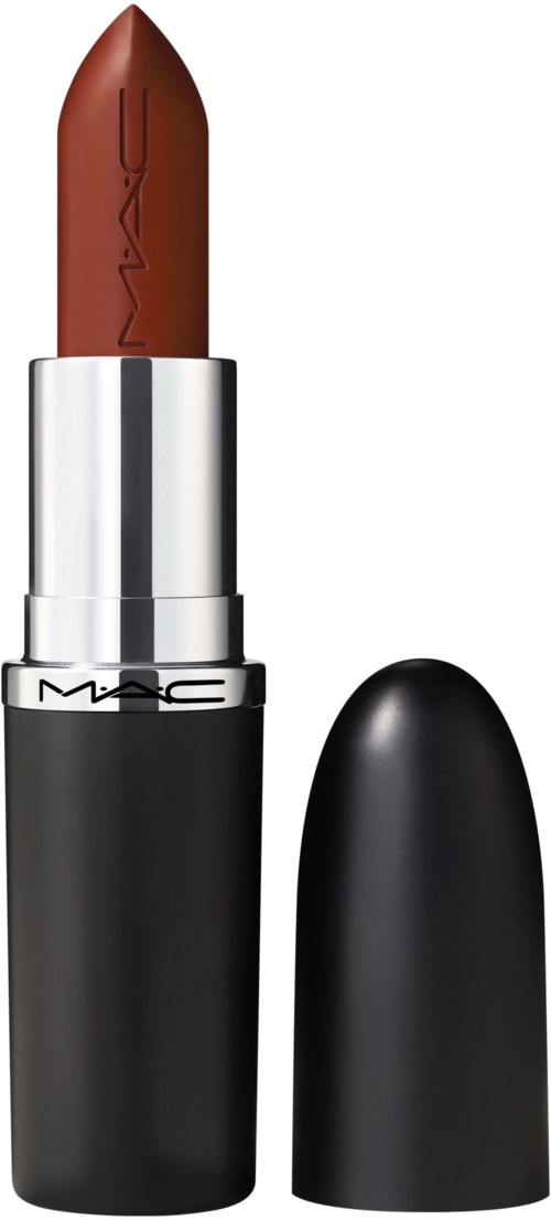 A brown lipstick in a black and silver case with the cap removed.