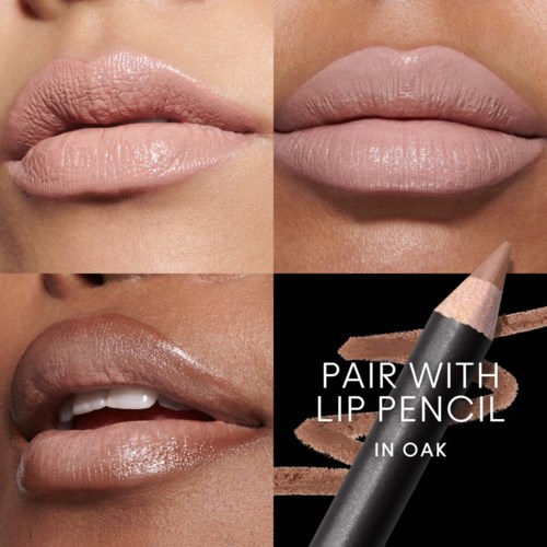 Three close-up images of lips showing different shades of nude lipstick and a lip pencil for matching.