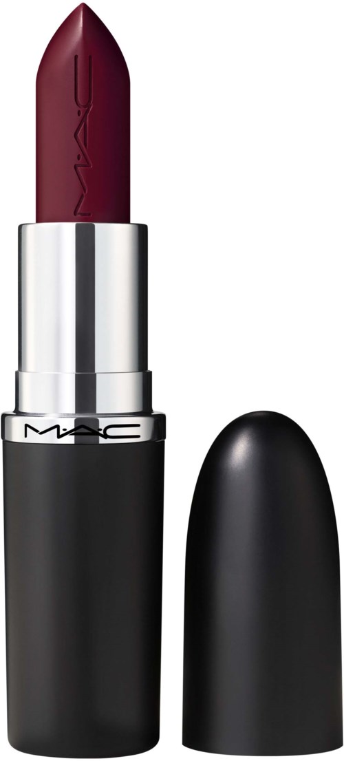 A black and silver lipstick tube with a dark red lipstick inside, and the cap is placed nearby.