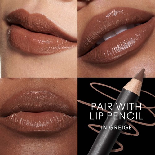 Close-up of lips with brown lipstick, showing different angles and a lip pencil for matching.