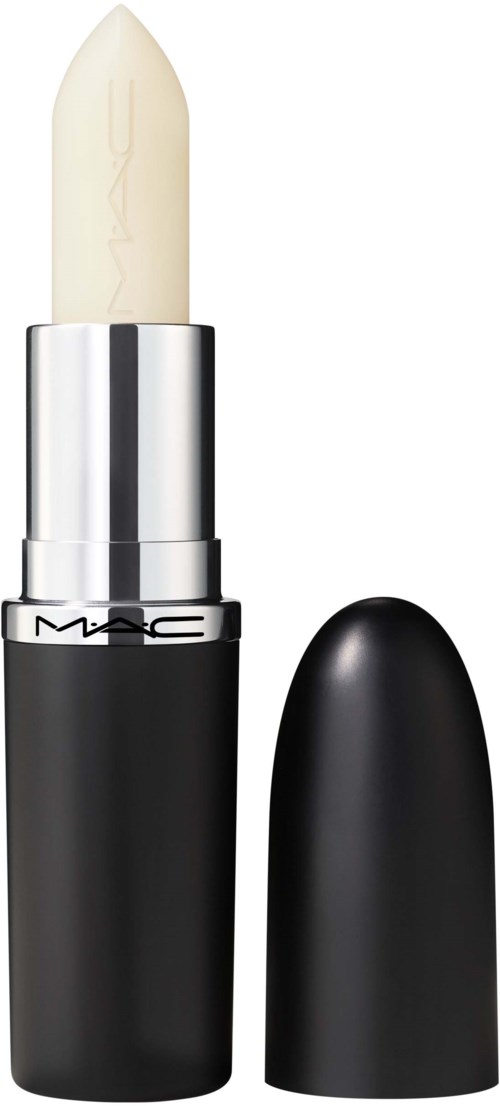 A black lipstick tube with a white lipstick stick inside and a removable cap placed beside it.