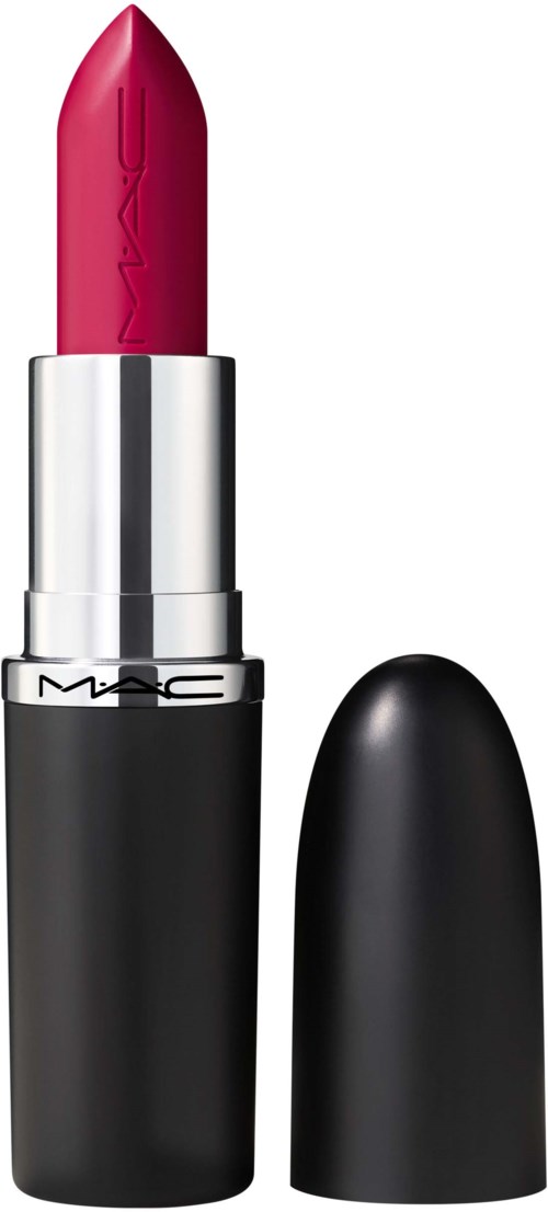 A pink lipstick in a black and silver case with a removable cap.