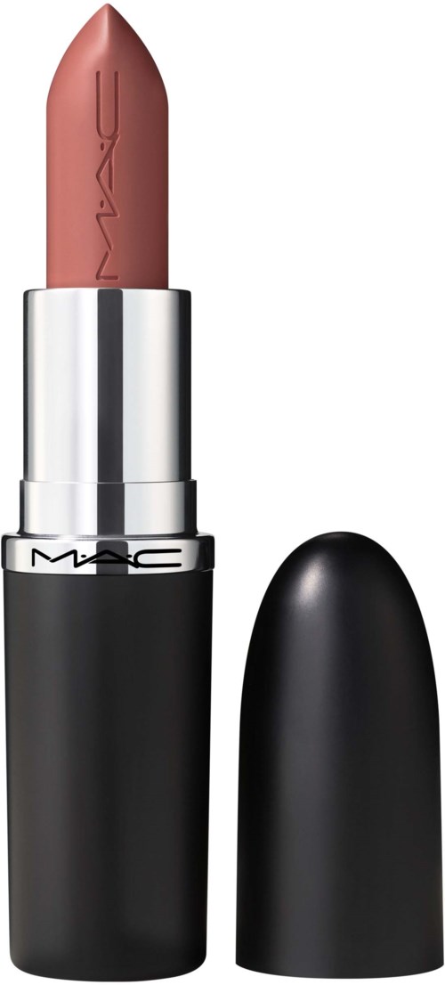 A lipstick with a black case and a nude color, with the cap placed beside it.