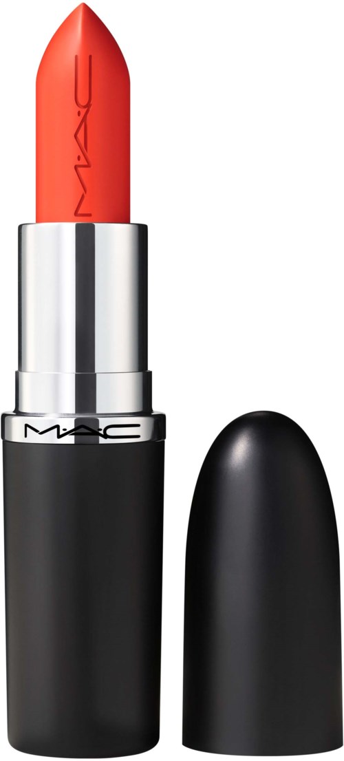 A bright orange lipstick in a black and silver case, with the cap off. The brand name MAC is on the silver part.
