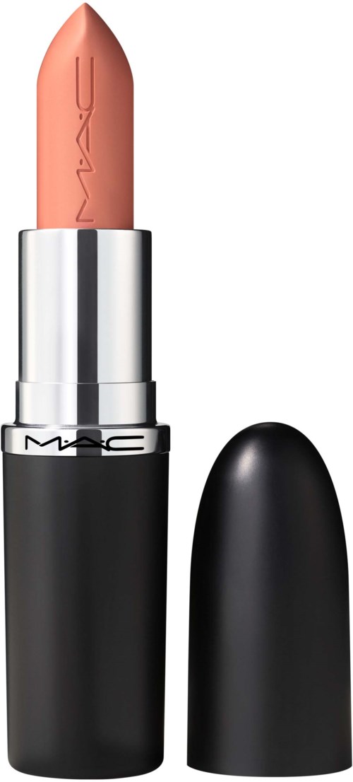 A nude lipstick in a black and silver case, with the cap removed showing the lipstick color.