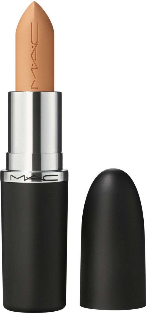 A beige lipstick with a silver and black case, the cap is removed. The brand 'MAC' is written on the lipstick.