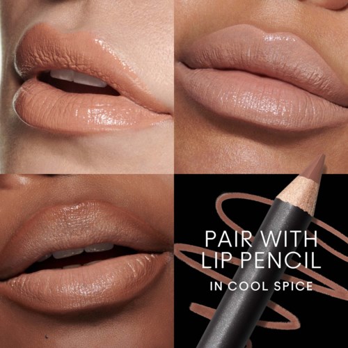 Shows four images of lips with different shades of nude lipstick and a lip pencil.