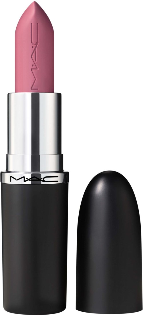 A pink lipstick in a black and silver case, with the cap removed and placed next to it.