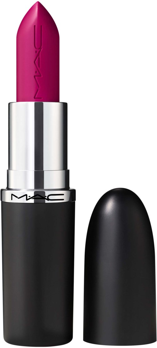 A bright pink lipstick in a black and silver tube, with the cap removed and next to it.