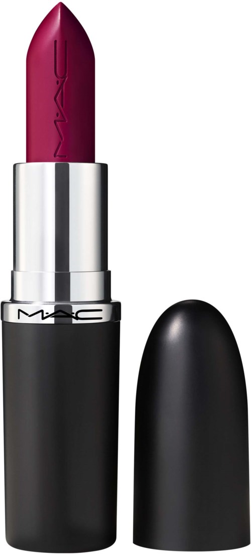 A dark red lipstick in a black and silver tube with cap off showing the color.
