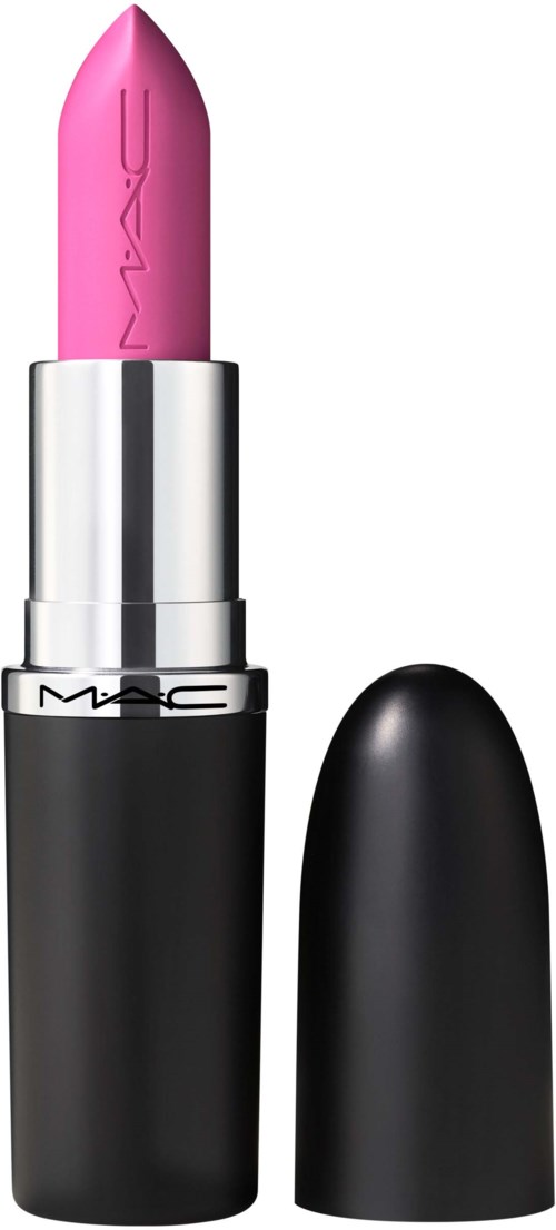 Pink lipstick in a black and silver case, cap removed and set aside.