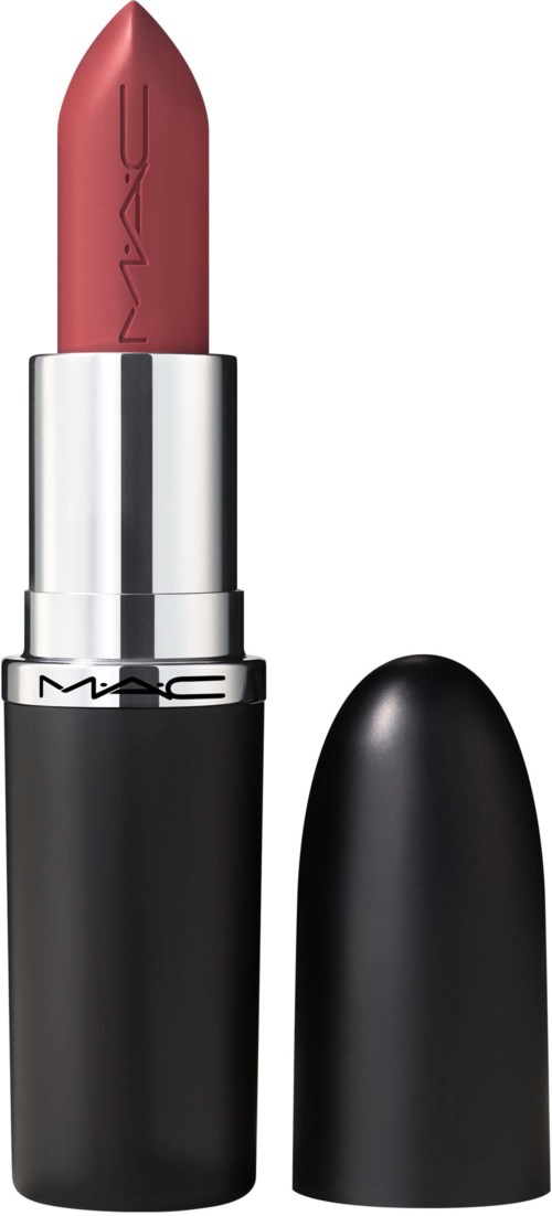 A MAC lipstick in a black case, with the lid off, showing a pinkish-beige lipstick.
