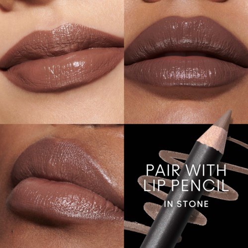 Lips look shiny and smooth, with makeup in natural chocolate shades. A lip pencil is shown for pairing.

