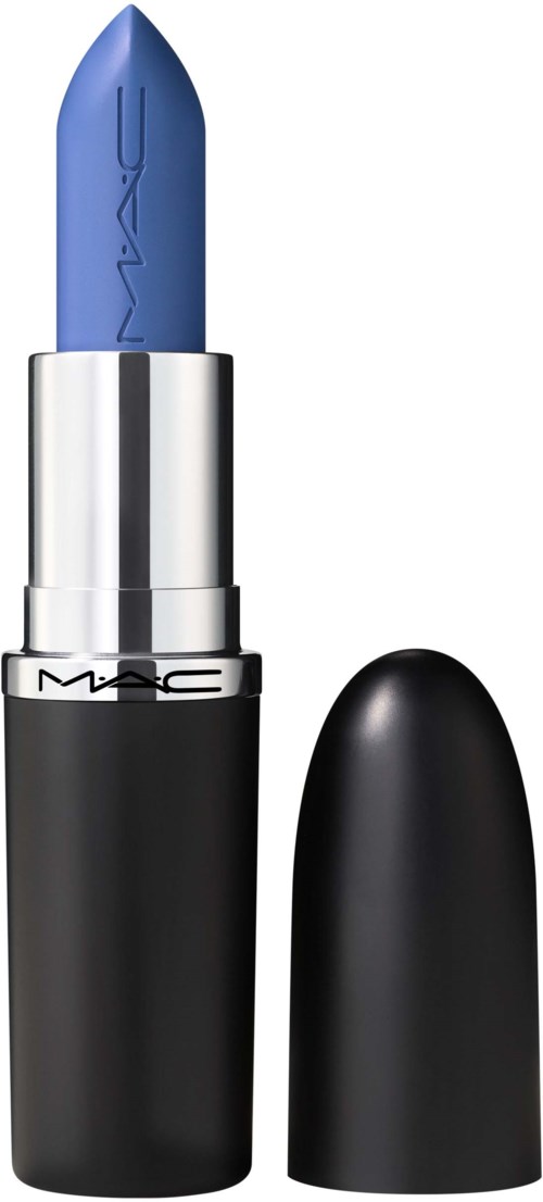 A blue lipstick in a black and silver tube with the cap removed. The lipstick is upright.