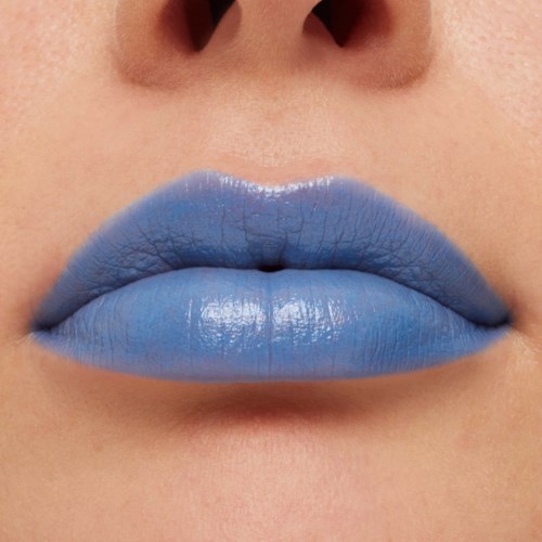 Close-up of lips painted in bright blue. Skin and nose are also visible.