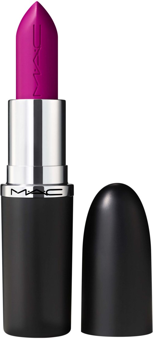 A bright pink lipstick with a silver and black case, the cap is removed.