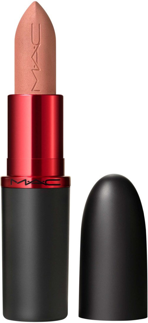 Nude läppstift i ett svart rör med lock bredvid, MAC-logga inpräglad på läppstiftet.