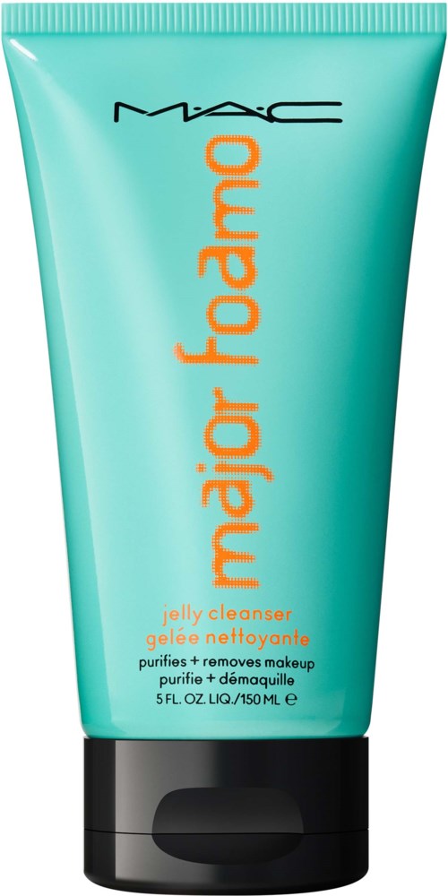 A turquoise tube of MAC Major Famo! jelly cleanser, with black cap, label in orange and black text.