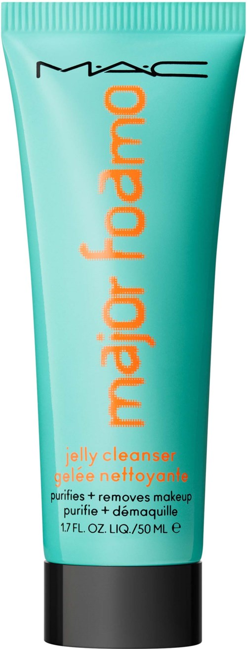 Turquoise tube labeled 'MAC major foiamo' with black cap, designed for cleaning and removing makeup.