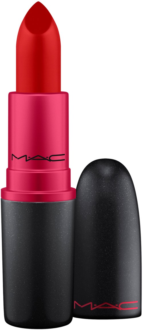 En röd läppstift i ett rosa och svart fodral med MAC-loggan.