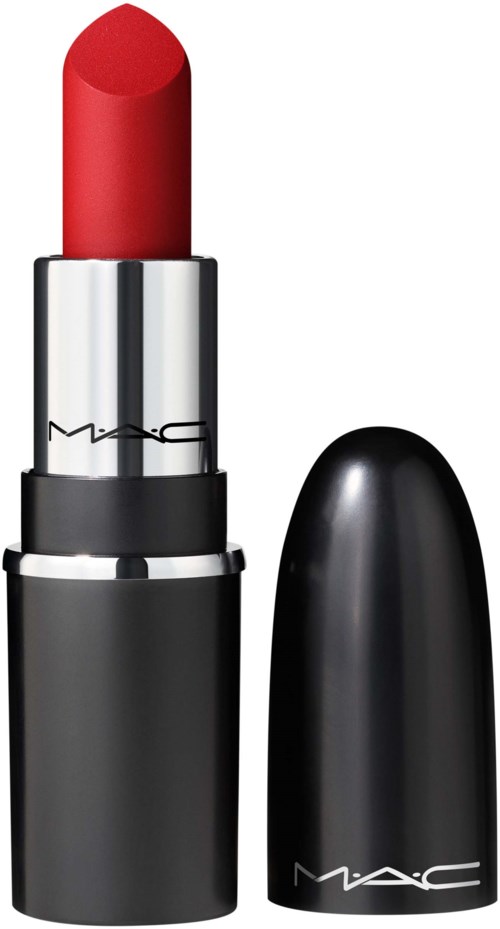 A bright red lipstick in a silver and black tube with the MAC logo, and the cap beside it.