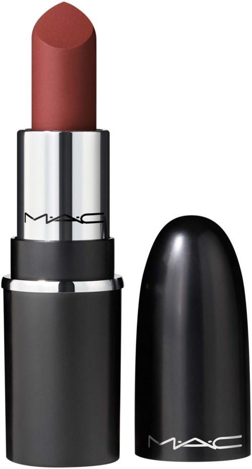 A lipstick with a brownish shade, silver and black tube, MAC logo visible on the packaging.