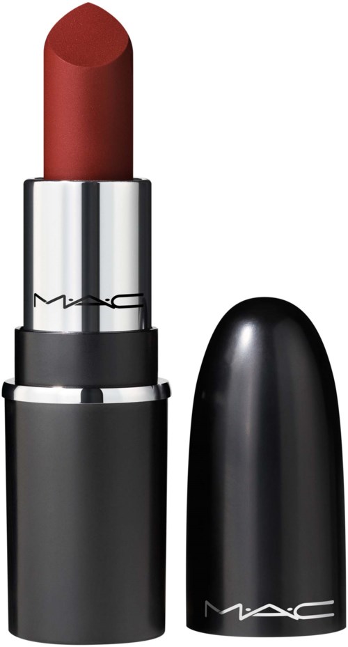 A red lipstick in a black and silver tube with the cap removed, showing the lipstick.
