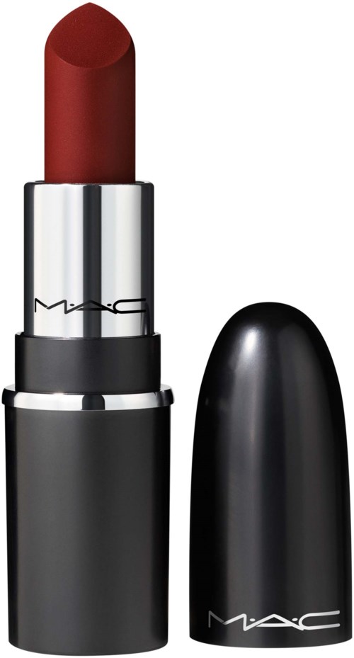 A MAC lipstick with red color, silver and black case, and cap removed.