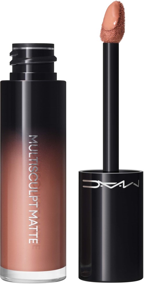 Lippenstift mit Applikator, Markenname Muli Sculpt Matte, glänzende Verpackung, braune Nude-Farbe.