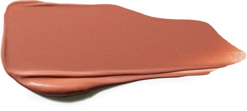 Ein Strich von rosa-braunem Lippenstift mit glatter, glänzender Textur vor weißem Hintergrund.